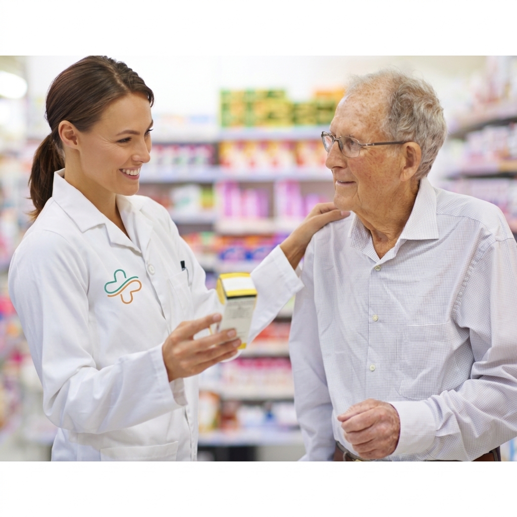 Farmacéutica atendiendo a un cliente